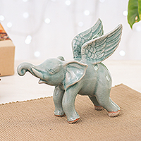 Celadon ceramic figurine, 'Winged Sage' - Crackled-Finished Celadon Ceramic Winged Elephant Figurine