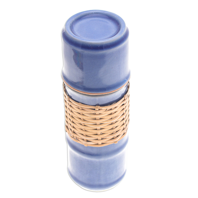Botella de agua de cerámica celadón. - Botella de agua con temática de bambú de ratán y cerámica Blue Celadon