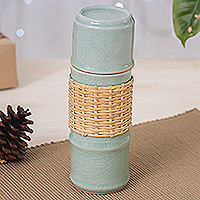 Celadon ceramic water bottle, 'Green Bamboo' - Green Celadon Ceramic and Rattan Bamboo-Themed Water Bottle