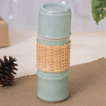 Celadon ceramic water bottle, 'Green Bamboo' - Green Celadon Ceramic and Rattan Bamboo-Themed Water Bottle