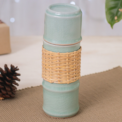 Botella de agua de cerámica celadón. - Botella de agua con temática de bambú de ratán y cerámica de celadón verde