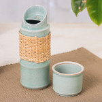 Celadon ceramic water bottle, 'Green Bamboo' - Green Celadon Ceramic and Rattan Bamboo-Themed Water Bottle