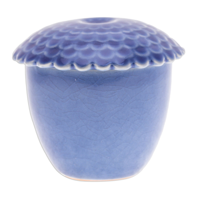 Celadon ceramic salsa bowl, 'Sunflower in Blue' - Blue Handmade Celadon Ceramic Sunflower Themed Salsa Bowl