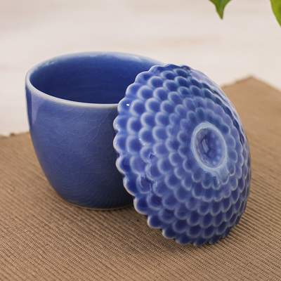 Celadon ceramic salsa bowl, 'Sunflower in Blue' - Blue Handmade Celadon Ceramic Sunflower Themed Salsa Bowl