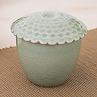 Celadon ceramic salsa bowl, 'Sunflower in Green' - Green Handmade Celadon Ceramic Sunflower Themed Salsa Bowl