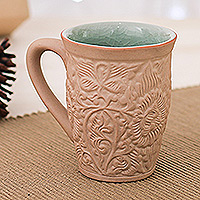 Ceramic mug, 'Thai Flora' - Ceramic Floral and Leaf Mug with Crackled Celadon Accents