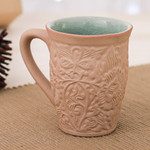 Ceramic mug, 'Thai Flora' - Ceramic Floral and Leaf Mug with Crackled Celadon Accents