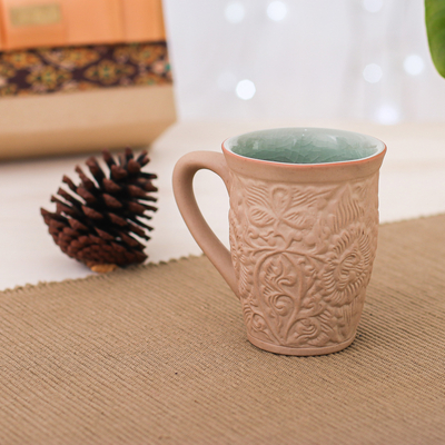 Ceramic mug, 'Thai Flora' - Ceramic Floral and Leaf Mug with Crackled Celadon Accents