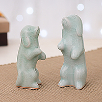 Celadon ceramic figurines, 'Playful Friends' (pair) - Pair of Celadon Ceramic Dog Figurines Handmade in Thailand