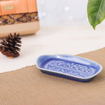 Celadon ceramic serving dish, 'Elephant Spectacle' - Blue Handmade Celadon Ceramic Elephant-Themed Serving Dish