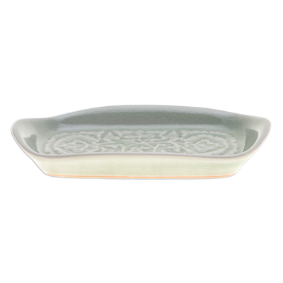 Celadon ceramic serving dish, 'Thai Blooms' - Green Handmade Celadon Ceramic Floral and Leaf Serving Dish