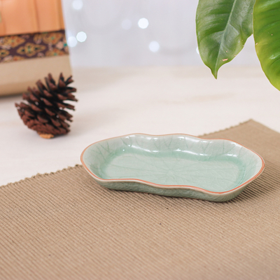 Celadon ceramic serving bowl, 'Thai Lotus Leaf' - Green Handmade Celadon Ceramic Lotus Flower Serving Bowl