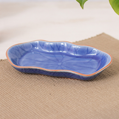 Celadon ceramic serving bowl, Thai Lotus Leaf in Blue' - Blue Handmade Celadon Ceramic Lotus Flower Serving Bowl