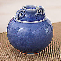 Celadon ceramic vase, 'Thai Blue' - Watertight Celadon Ceramic Vase in Blue Handmade in Thailand
