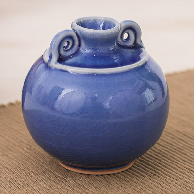 Watertight Celadon Ceramic Vase in Blue Handmade in Thailand, 'Thai Blue