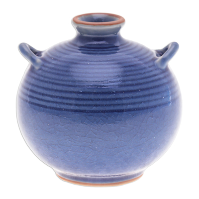 Celadon ceramic vase, 'Thai Circles' - Handmade Celadon Ceramic Vase in Blue with Circular Patterns