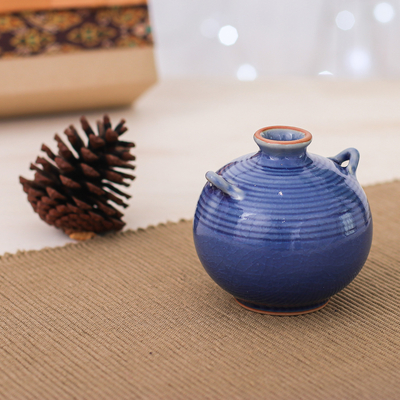Celadon ceramic vase, 'Thai Circles' - Handmade Celadon Ceramic Vase in Blue with Circular Patterns