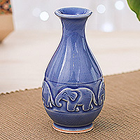 Celadon ceramic vase, 'Joyful Elephants' - Celadon Ceramic Elephant Vase in Blue Handmade in Thailand