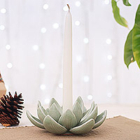 Celadon ceramic candle holder, 'Lotus Splendor in Green' - Green Celadon Ceramic Candle Holder with Lotus Flower Motif