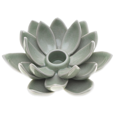 Portavelas de cerámica celadón - Portavelas de cerámica de celadón verde con motivo de flor de loto