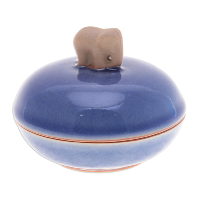Celadon ceramic decorative jar, 'Elephant Radiance' - Blue Handmade Celadon Ceramic Elephant-Themed Decorative Jar