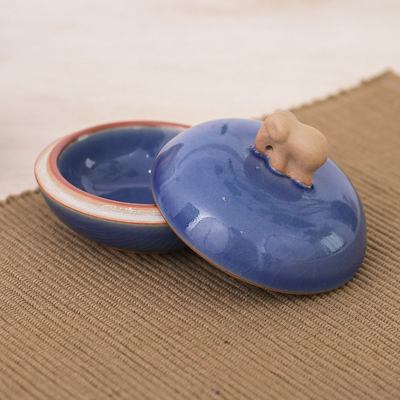 Tarro decorativo de cerámica celadón - Tarro decorativo con temática de elefante de cerámica de celadón azul hecho a mano