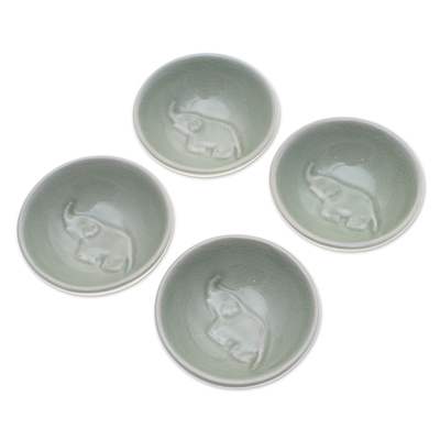 Cuencos para condimentos de cerámica Celadon (juego de 4) - 4 cuencos de condimento de elefante de cerámica Celadon hechos a mano en verde