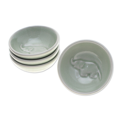 Cuencos para condimentos de cerámica Celadon (juego de 4) - 4 cuencos de condimento de elefante de cerámica Celadon hechos a mano en verde