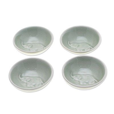 Celadon ceramic condiment bowls, 'Gourmet Elephant' (set of 4) - 4 Handmade Celadon Ceramic Elephant Condiment Bowls in Green
