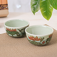 Celadon ceramic dessert bowls, 'Lotus Flower Delight' (pair) - 2 Hand-Painted Celadon Ceramic Floral & Leaf Dessert Bowls
