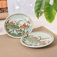 Celadon ceramic dessert plates, 'Lotus Flower Delight' (pair) - 2 Hand-Painted Celadon Ceramic Floral & Leaf Dessert Plates