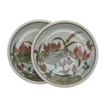 Celadon ceramic dessert plates, 'Lotus Flower Delight' (pair) - 2 Hand-Painted Celadon Ceramic Floral & Leaf Dessert Plates