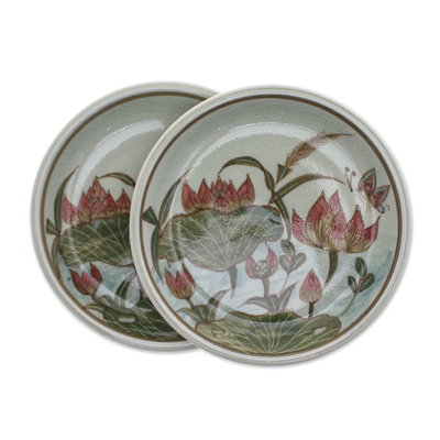 Celadon ceramic dessert plates, 'Lotus Flower Delight' (pair) - 2 Hand-Painted Celadon Ceramic Floral & Leaf Dessert Plates