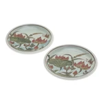 Celadon ceramic dessert plates, 'Lotus Flower Delight' (pair) - 2 Hand-Painted Celadon Ceramic Floral & Leaf Dessert Plates