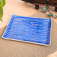 Celadon ceramic platter, 'Tree Stump in Blue' - Celadon Ceramic Platter in Blue Handmade in Thailand