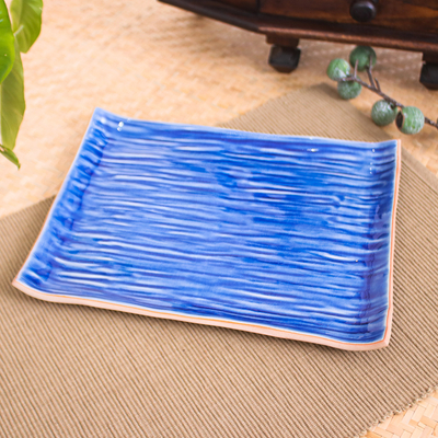 Plato de cerámica celadón - Plato de cerámica Celadon en azul hecho a mano en Tailandia