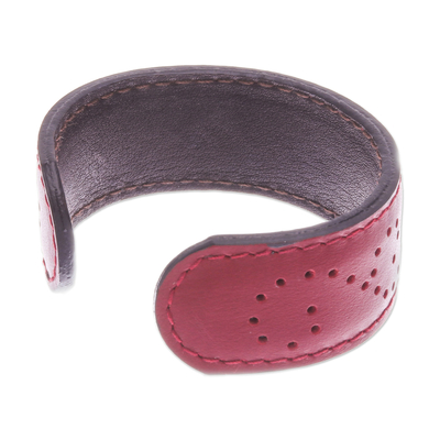 Leather cuff bracelet, 'Dotted Red' - Red Leather Cuff Bracelet with Dots Made in Thailand