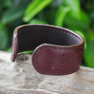 Leather cuff bracelet, 'Dotted Brown' - Brown Leather Cuff Bracelet with Dots Made in Thailand