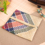 Natural fiber clutch, 'Organic Splendor' - Hand-Woven Natural Fiber Clutch in Beige Blue Green & Red