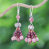Garnet and rhodonite beaded dangle earrings, 'Pink Grandeur' - Hill Tribe Garnet and Rhodonite Beaded Dangle Earrings