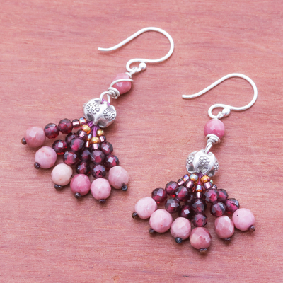 Garnet and rhodonite beaded dangle earrings, 'Pink Grandeur' - Hill Tribe Garnet and Rhodonite Beaded Dangle Earrings