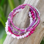 Glass beaded stretch bracelets, 'Fancy Dream in Fuchsia' (set of 5) - Set of 5 Fuchsia Glass and Brass Beaded Stretch Bracelets
