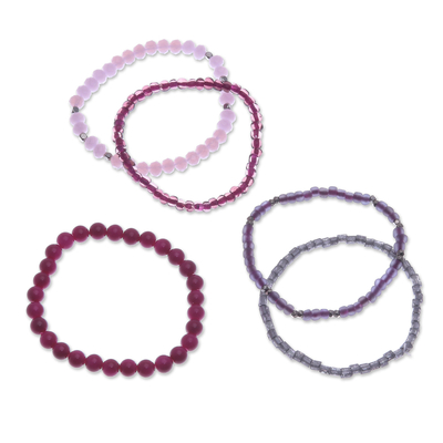 Glass beaded stretch bracelets, 'Fancy Dream in Fuchsia' (set of 5) - Set of 5 Fuchsia Glass and Brass Beaded Stretch Bracelets