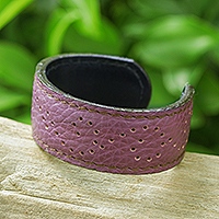 Leather cuff bracelet, 'Dotted Purple' - Purple Leather Cuff Bracelet with Dots Made in Thailand