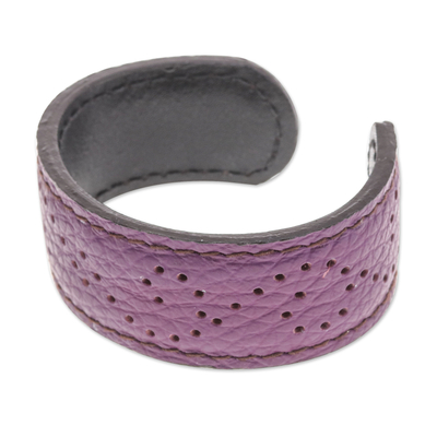 Leather cuff bracelet, 'Dotted Purple' - Purple Leather Cuff Bracelet with Dots Made in Thailand
