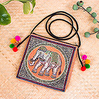 Cotton blend sling bag, 'Elephant Flair' - Handmade Cotton Blend Elephant-Themed Sling Bag with Pompoms