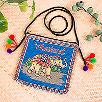 Cotton blend sling bag, 'Elephant Allure' - Cotton Blend Elephant-Themed Sling Bag in Blue with Pompoms