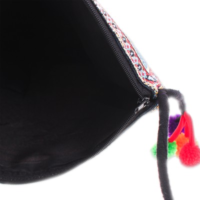 Bolso bandolera de mezcla de algodón - Bolso bandolera con temática de elefante en mezcla de algodón en azul con pompones