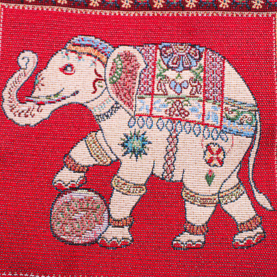 Cotton blend sling bag, 'Elephant Beauty' - Cotton Blend Elephant-Themed Sling Bag in Red with Pompoms