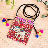 Cotton blend sling bag, 'Elephant Style' - Cotton Blend Elephant & Floral Themed Sling Bag with Pompoms
